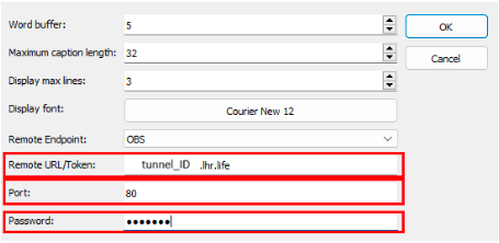Screenshot of caption settings for remote OBS