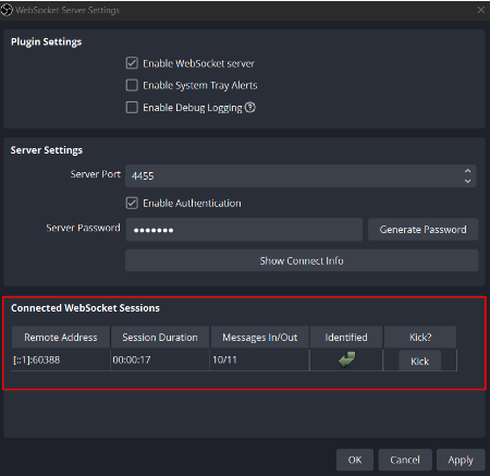 Screenshot of OBS websocket server showing connection